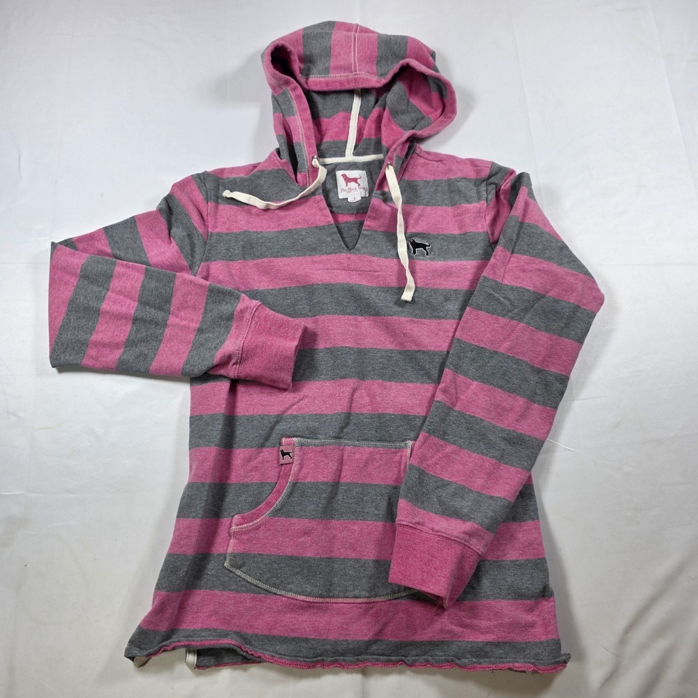 The Black Dog Womens Small Pink Gray Rugby Striped V-Neck Pullover Hoodie Logo